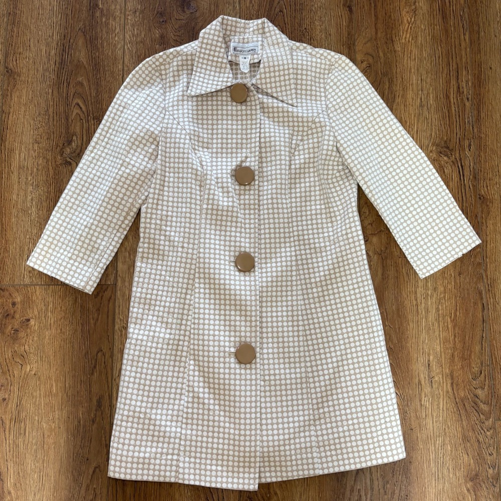 VTG Elliott Lauren Polka Dot Coat Womens 6 Tan White Button Front 3/4 Sleeve USA